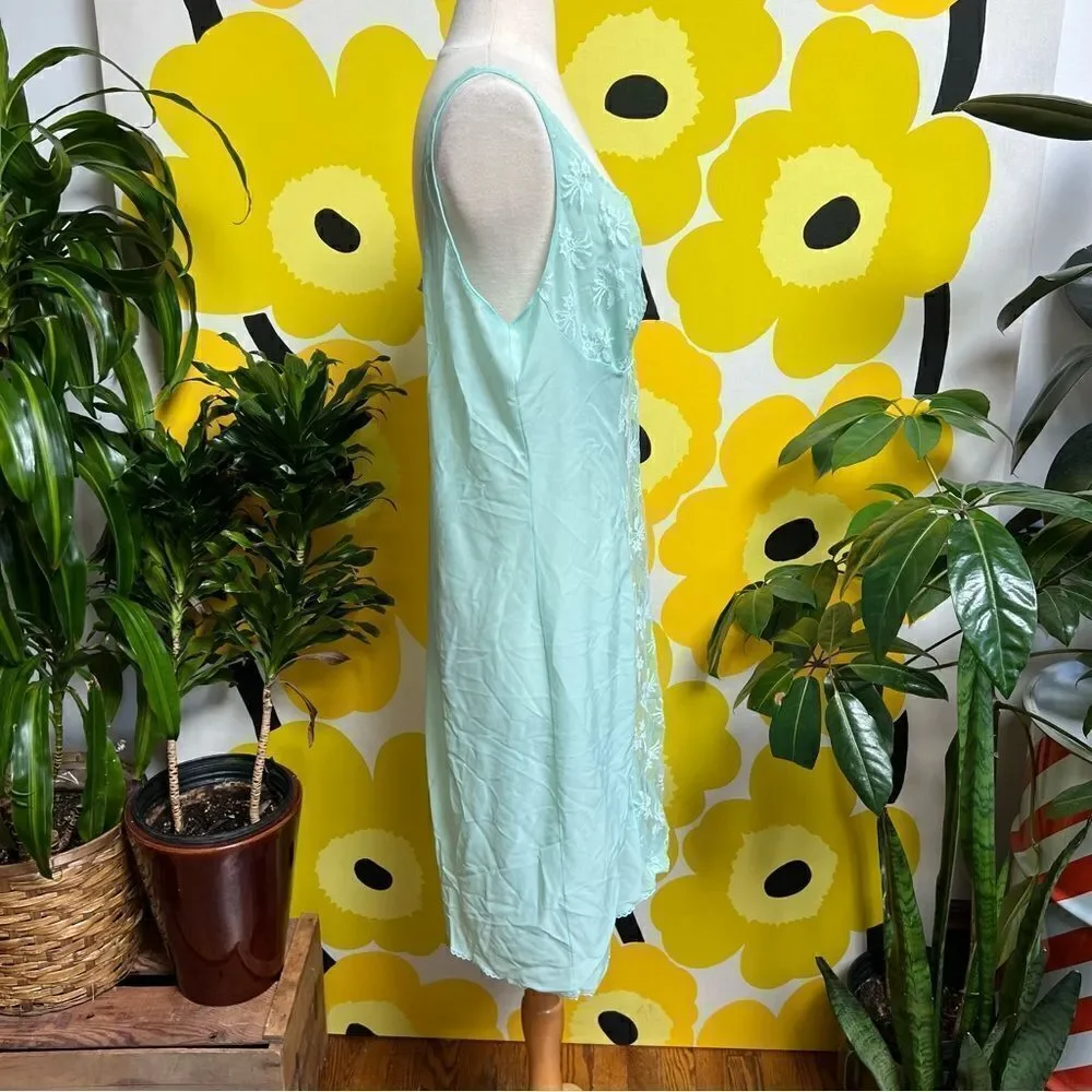 Dreamy 1950s Mint Green Satin Lace Embroidered Slip Lingerie Nightgown - Picture 6 of 9